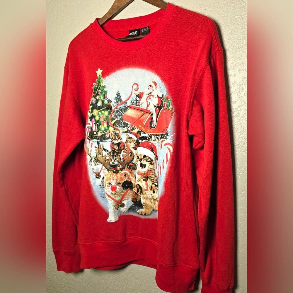 MAD Engine Festive Holiday  Jingle Bell Cat Red Christmas Sweater – Size S (NWT) - Picture 12 of 14